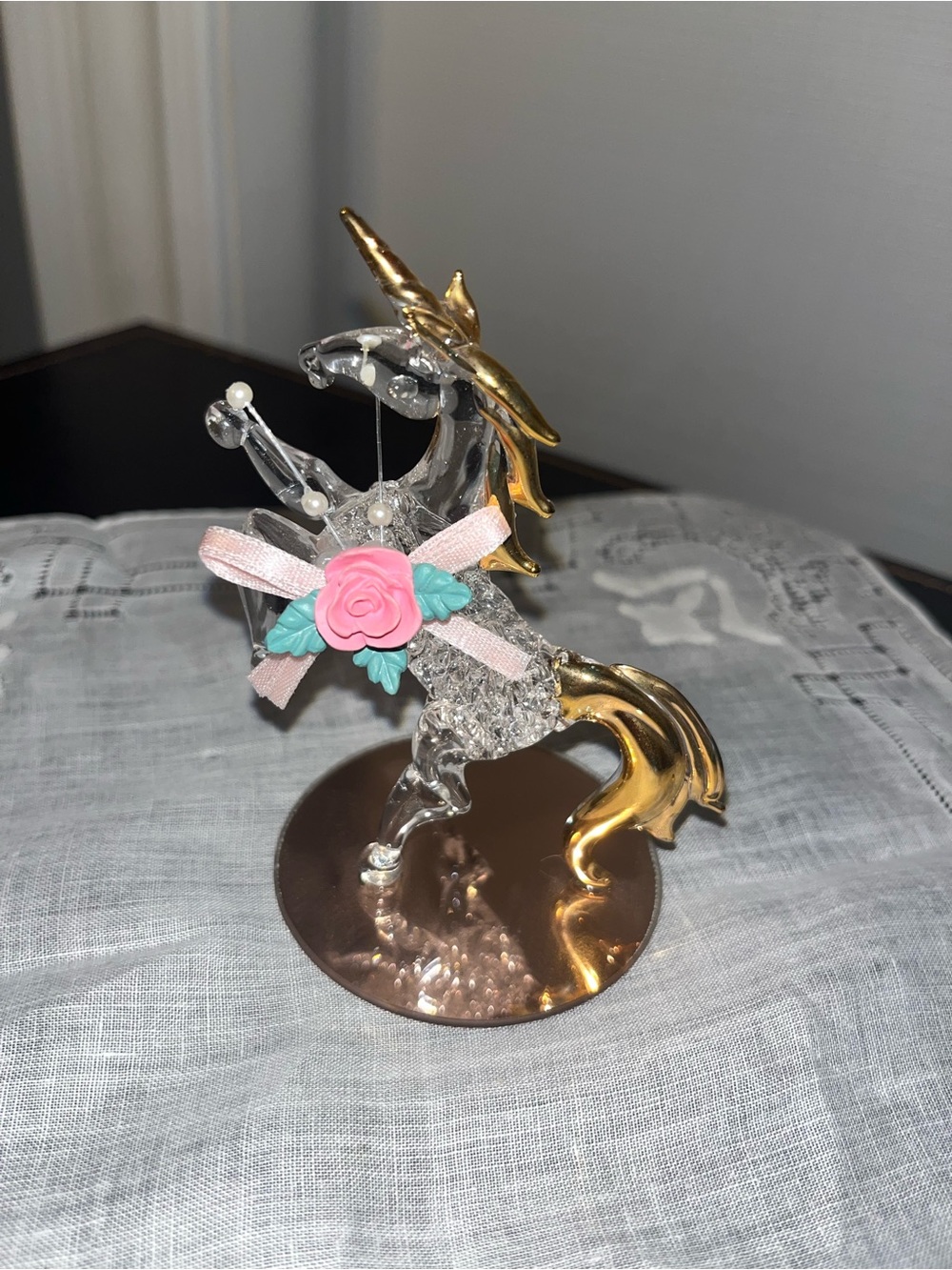 Glass Unicorn Figurine with Pink Rose and Gold Accents